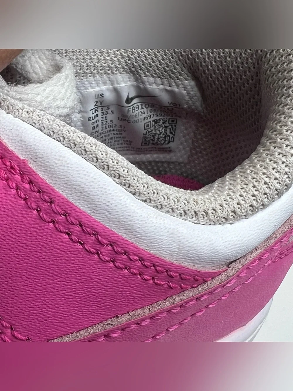 Nike Dunk Low Shoes Girls Size 2Y White Pink Leather Sneakers FB9108-102